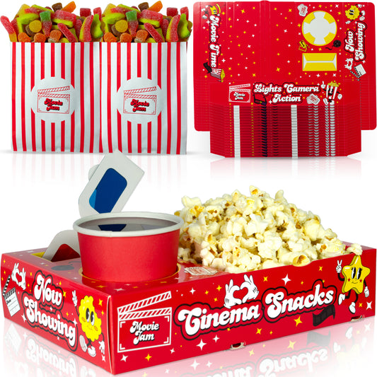 MovieJam Movie Night Snack Trays – Red Edition | 20 Durable Popcorn Boxes, 20 Candy Bags & Free Movie Ticket Invitations