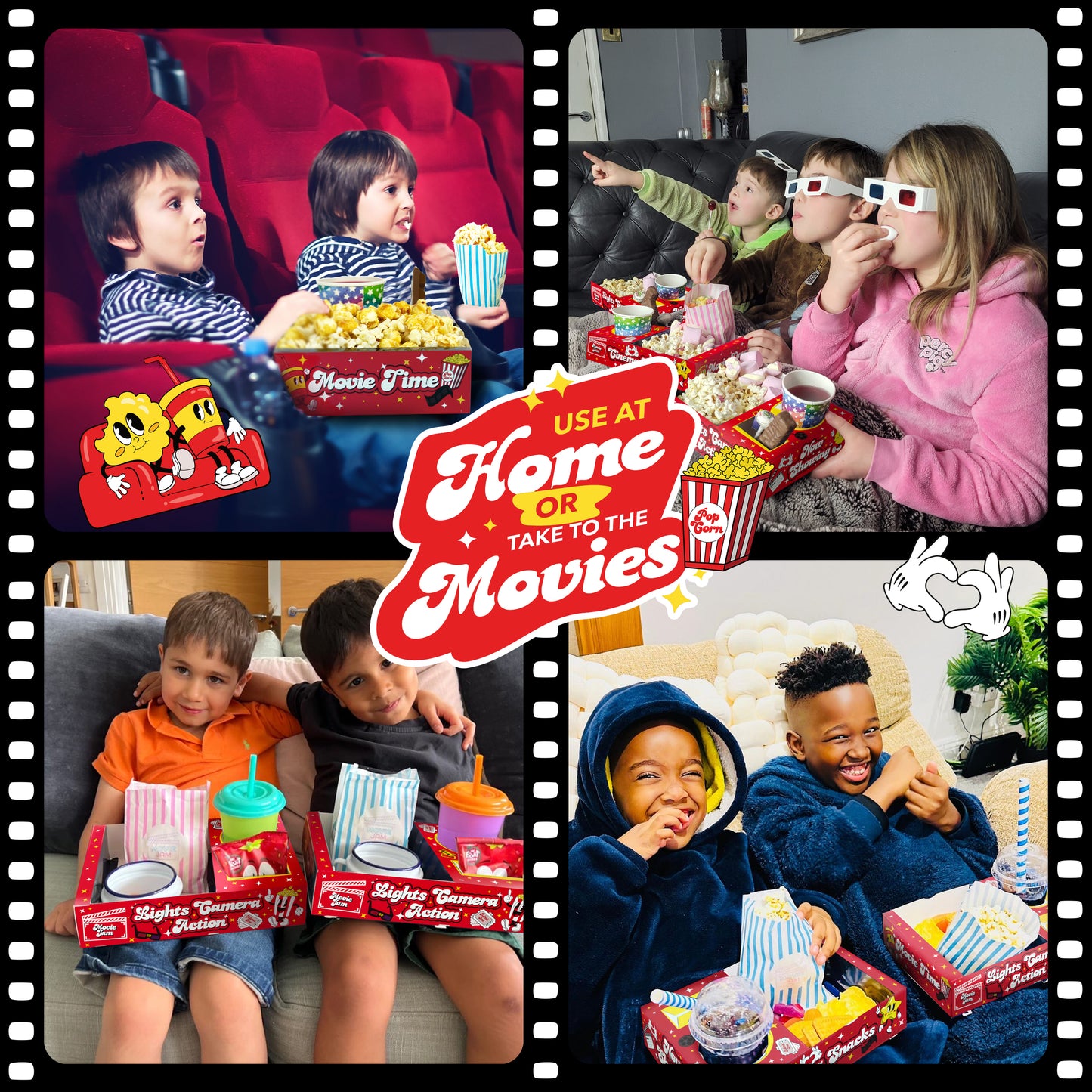 MovieJam Movie Night Snack Trays – Red Edition | 20 Durable Popcorn Boxes, 20 Candy Bags & Free Movie Ticket Invitations