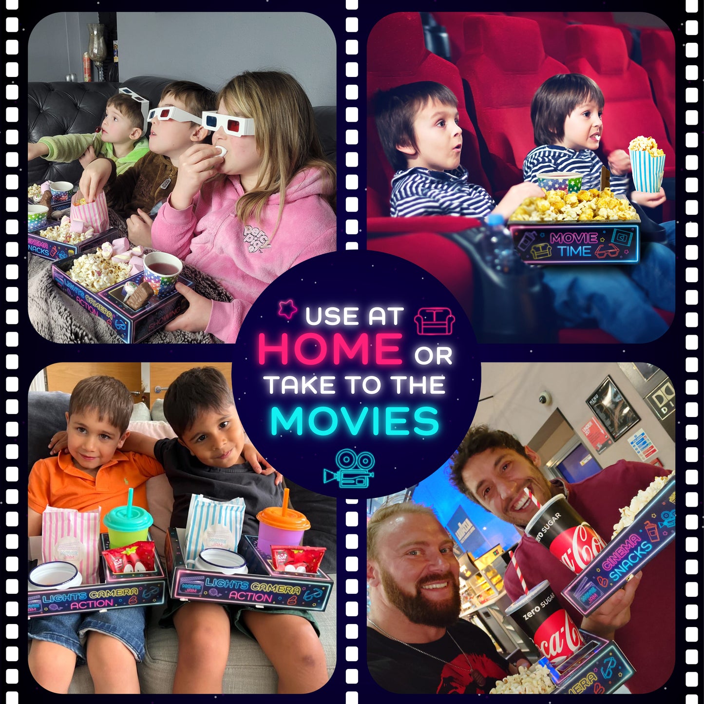 MovieJam Movie Night Snack Trays – Neon Edition | 20 Durable Popcorn Boxes, 20 Candy Bags & Free Movie Ticket Invitations