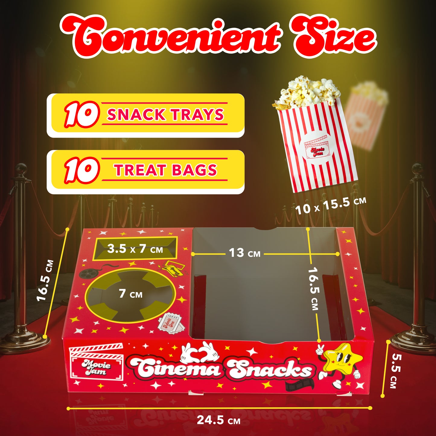 MovieJam Movie Night Snack Trays – Red Edition | 10 Durable Popcorn Boxes, 10 Candy Bags & Free Movie Ticket Invitations