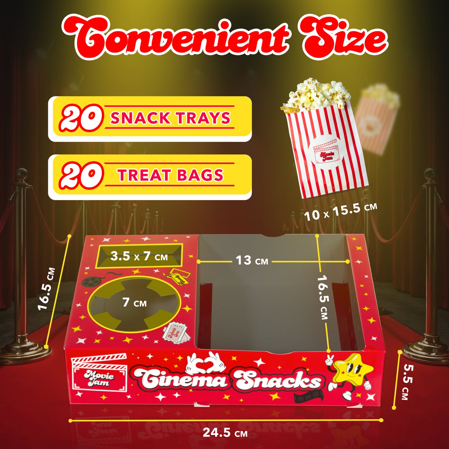 MovieJam Movie Night Snack Trays – Red Edition | 20 Durable Popcorn Boxes, 20 Candy Bags & Free Movie Ticket Invitations