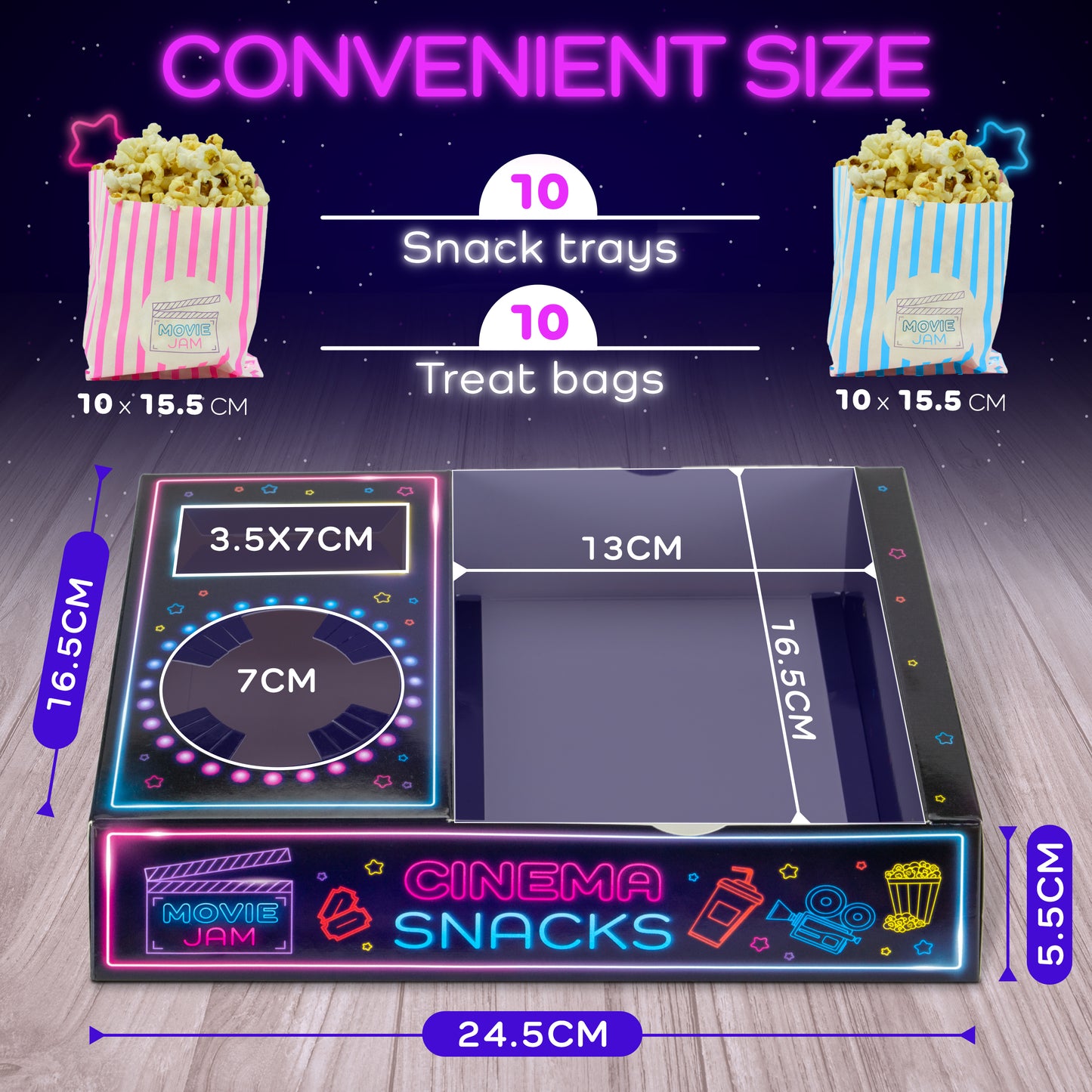 MovieJam Movie Night Snack Trays – Neon Edition | 10 Durable Popcorn Boxes, 10 Candy Bags & Free Movie Ticket Invitations