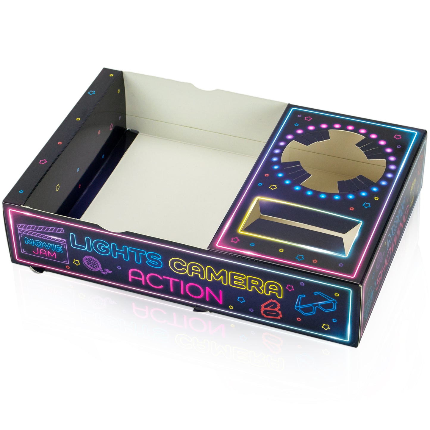 MovieJam Movie Night Snack Trays – Neon Edition | 10 Durable Popcorn Boxes, 10 Candy Bags & Free Movie Ticket Invitations
