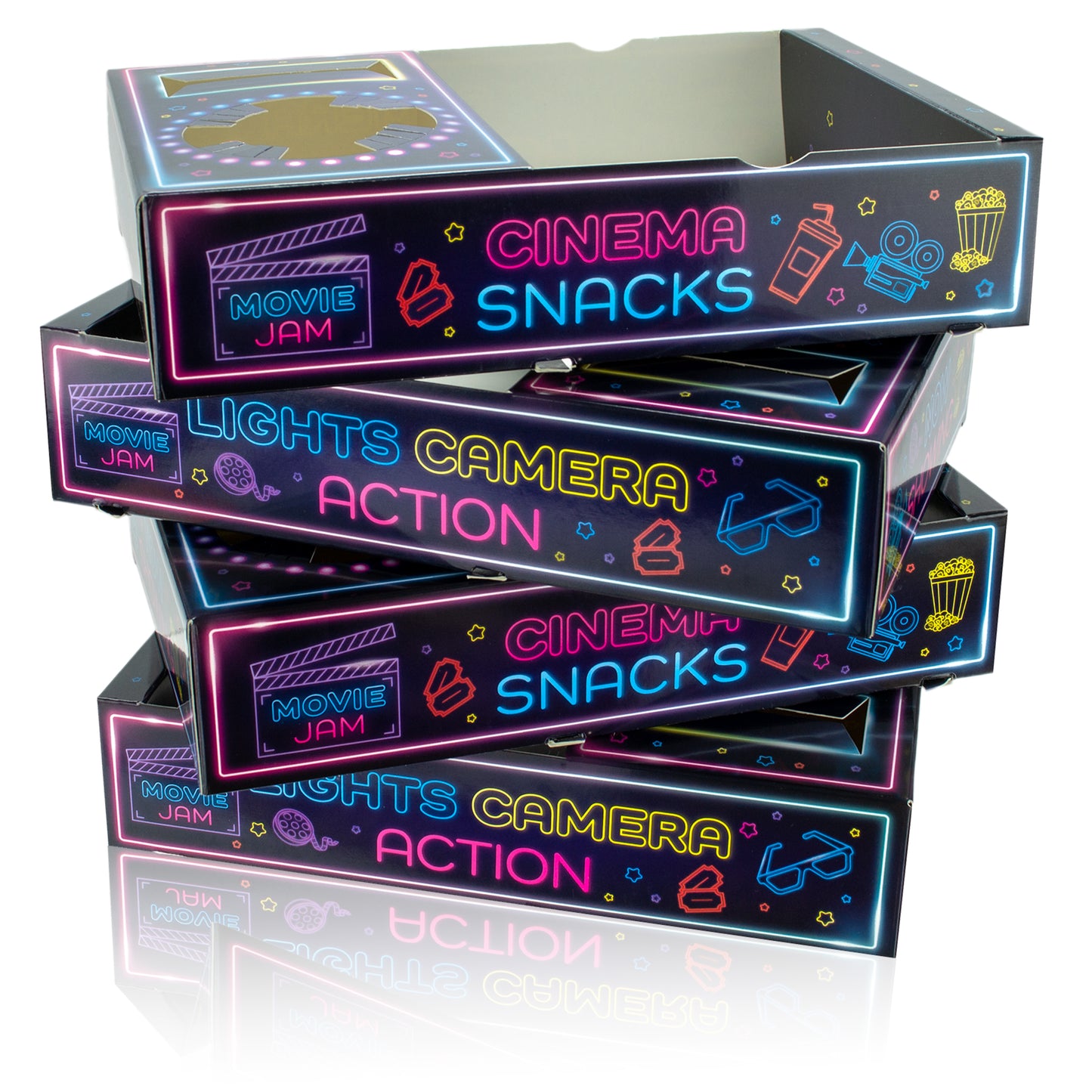 MovieJam Movie Night Snack Trays – Neon Edition | 10 Durable Popcorn Boxes, 10 Candy Bags & Free Movie Ticket Invitations
