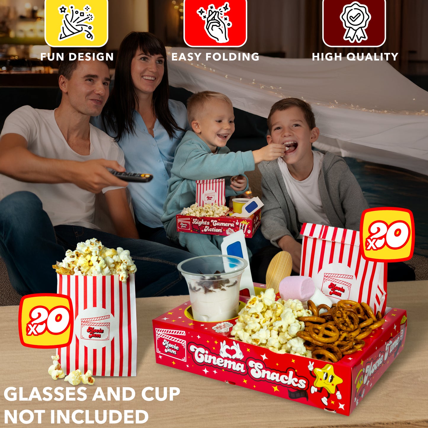 MovieJam Movie Night Snack Trays – Red Edition | 20 Durable Popcorn Boxes, 20 Candy Bags & Free Movie Ticket Invitations