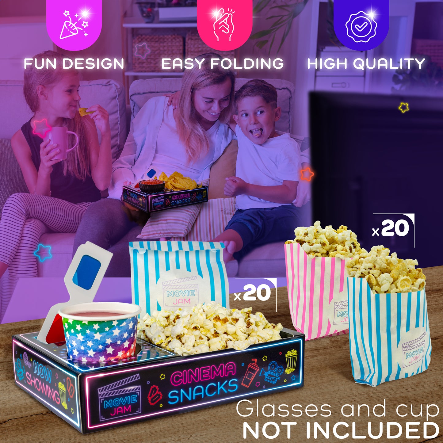 MovieJam Movie Night Snack Trays – Neon Edition | 20 Durable Popcorn Boxes, 20 Candy Bags & Free Movie Ticket Invitations