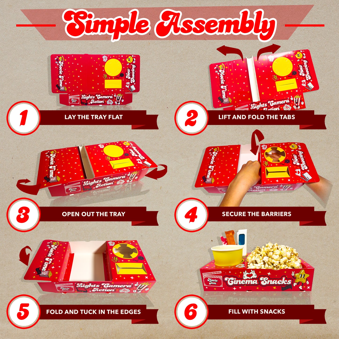 MovieJam Movie Night Snack Trays – Red Edition | 20 Durable Popcorn Boxes, 20 Candy Bags & Free Movie Ticket Invitations