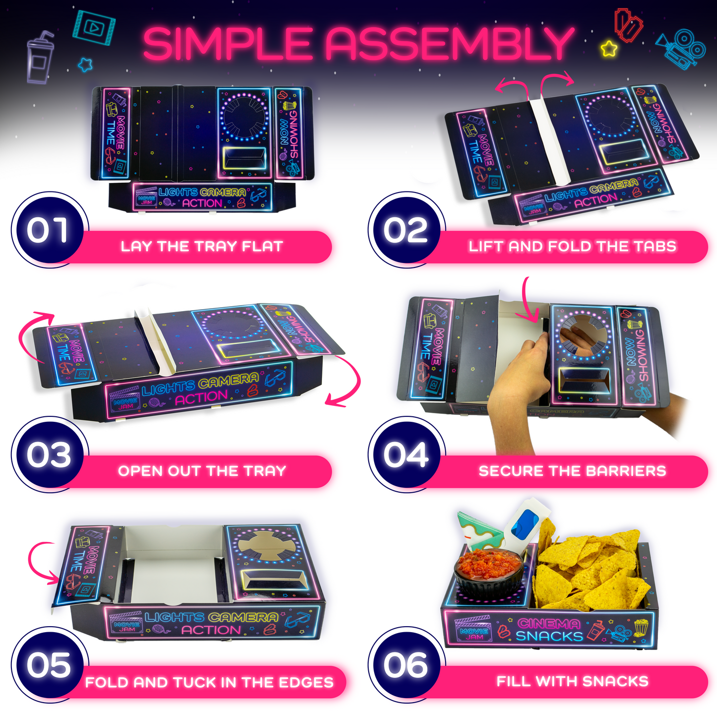 MovieJam Movie Night Snack Trays – Neon Edition | 10 Durable Popcorn Boxes, 10 Candy Bags & Free Movie Ticket Invitations