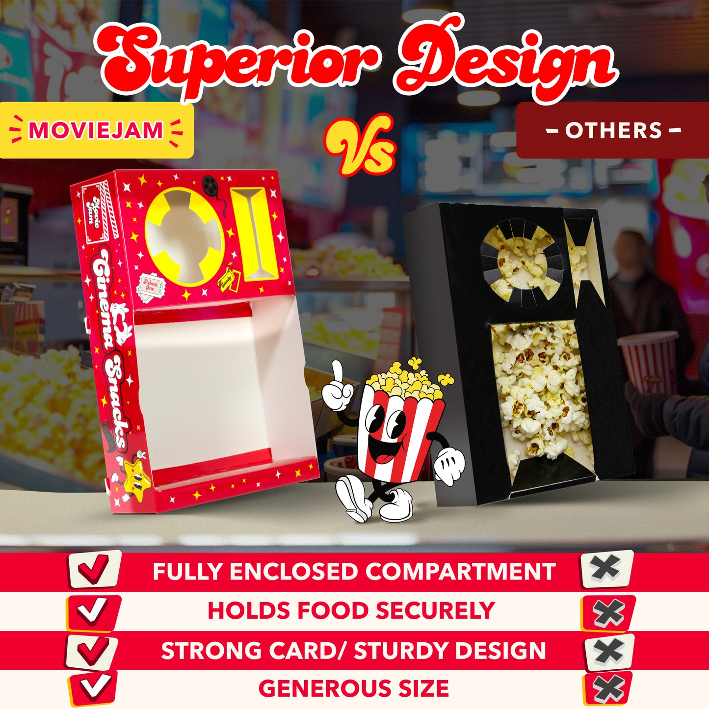 MovieJam Movie Night Snack Trays – Red Edition | 10 Durable Popcorn Boxes, 10 Candy Bags & Free Movie Ticket Invitations
