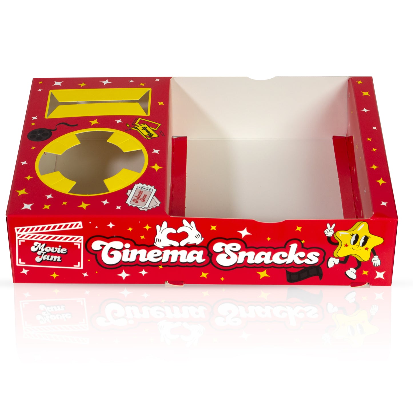 MovieJam Movie Night Snack Trays – Red Edition | 20 Durable Popcorn Boxes, 20 Candy Bags & Free Movie Ticket Invitations