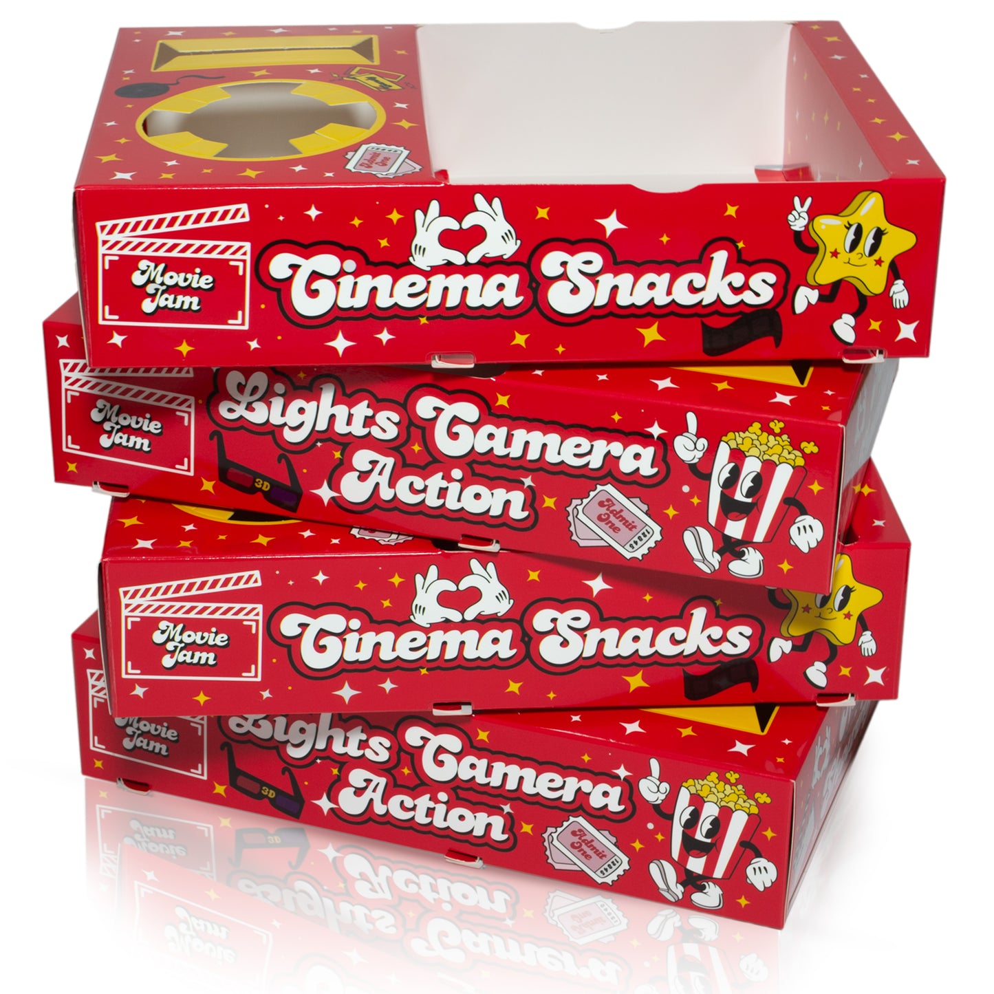 MovieJam Movie Night Snack Trays – Red Edition | 20 Durable Popcorn Boxes, 20 Candy Bags & Free Movie Ticket Invitations
