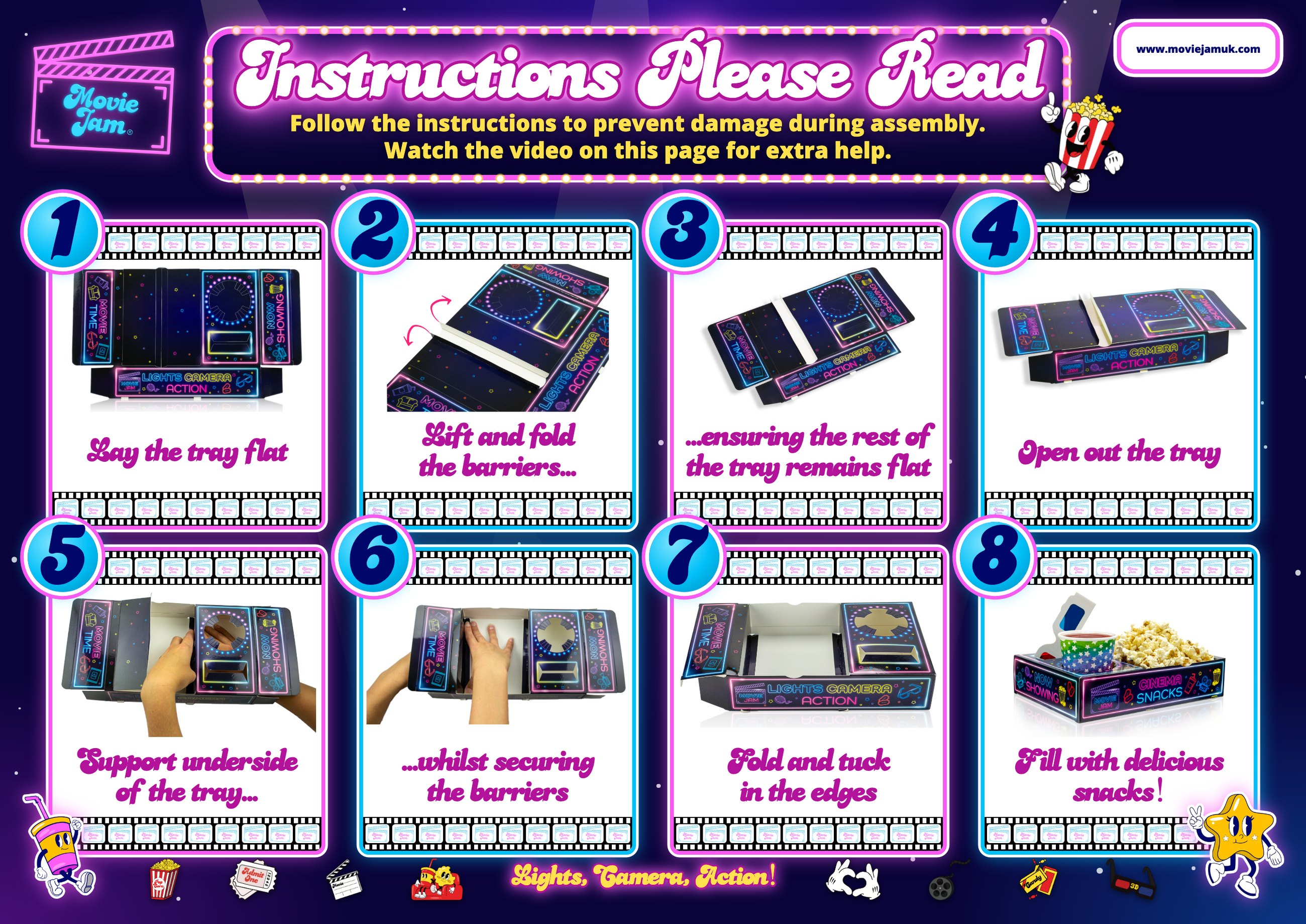 MovieJam snack tray instruction sheet showing all 8 steps