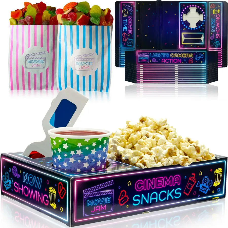 Neon Edition snack tray with popcorn and a drink, flat-packed trays and pink and blue striped sweet bags