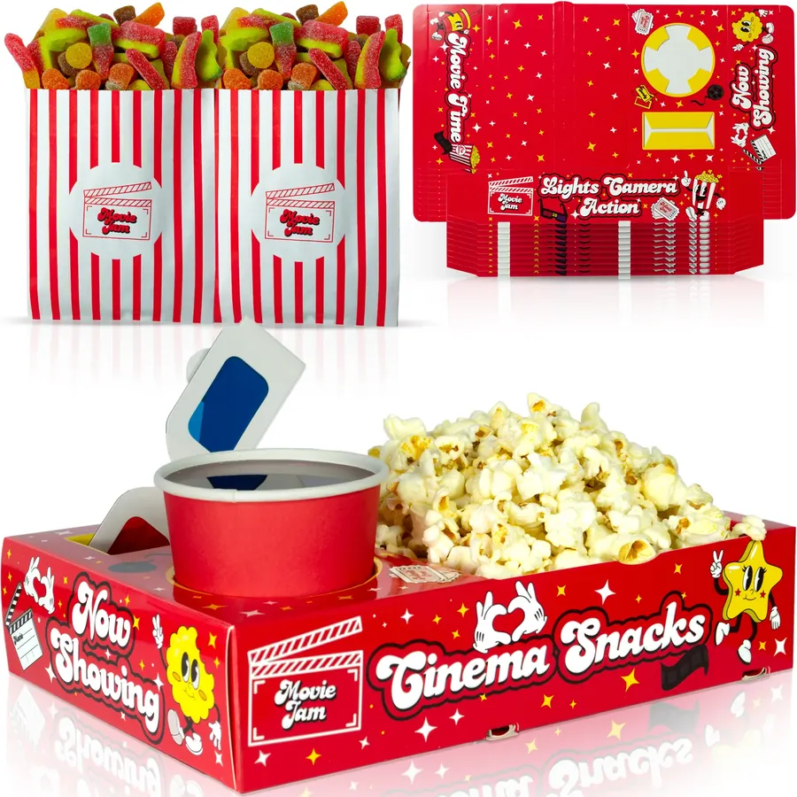 Red Edition snack tray with popcorn and a drink, flat-packed trays and two red striped sweet bags