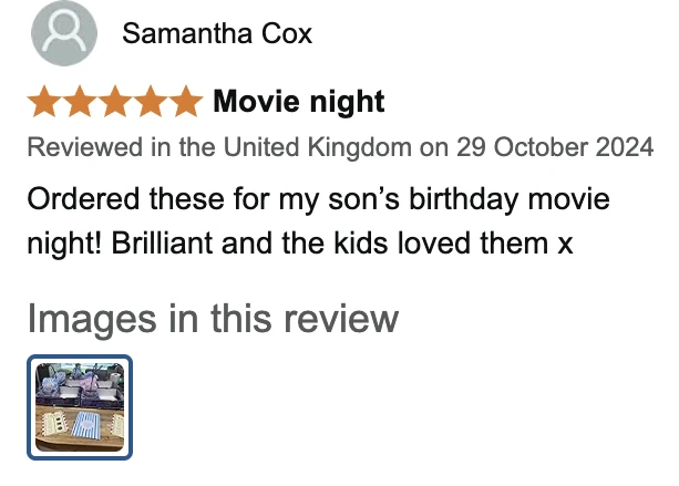 Amazon UK review by Samantha Cox, 5 stars: Movie night. Ordered these for my son’s birthday movie night! Brilliant and the kids loved them x