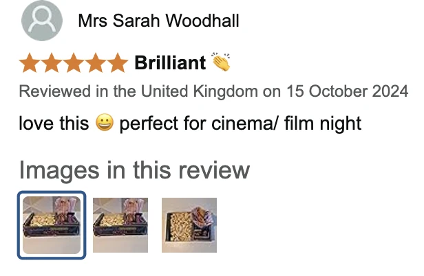Amazon UK review by Mrs Sarah Woodhall, 5 stars: Brilliant 👏. love this 😀 perfect for cinema/ film night