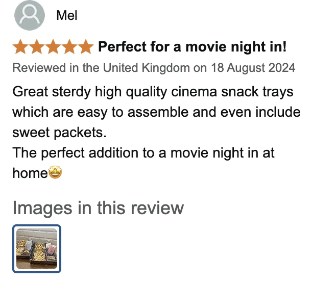 Amazon UK review by Mel, 5 stars: Perfect for a movie night in!. Great sterdy high quality cinema snack trays which are easy to assemble and even include sweet packets. The perfect addition to a movie night in at home🤩