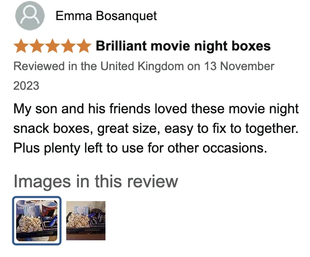 Amazon UK review by Emma Bosanquet, 5 stars: Brilliant movie night boxes. My son and his friends loved these movie night snack boxes, great size, easy to fix to together. Plus plenty left to use for other occasions.