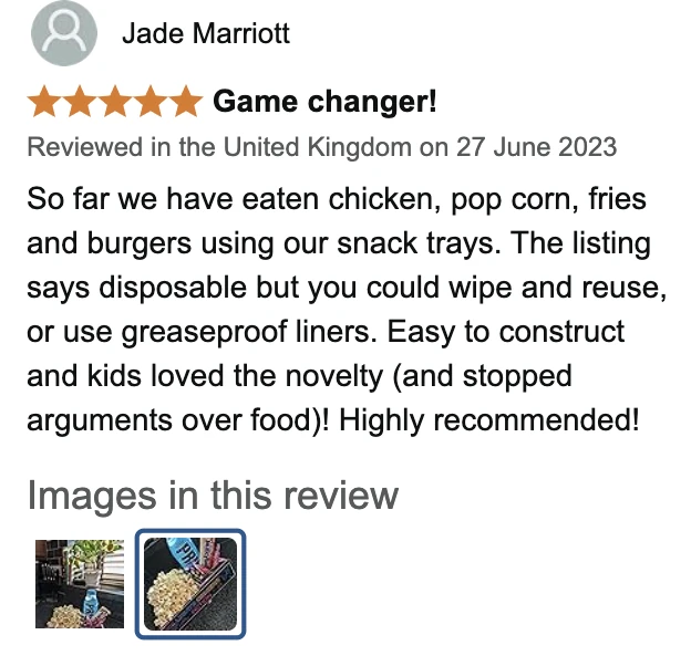 Amazon UK review by Jade Marriott, 5 stars: Game changer!. So far we have eaten chicken, pop corn, fries and burgers using our snack trays. The listing says disposable but you could wipe and reuse, or use greaseproof liners. Easy to construct and kids loved the novelty (and stopped arguments over food)! Highly recommended!