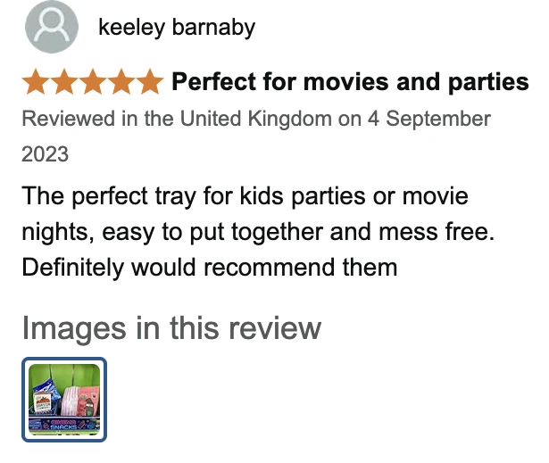 Amazon UK review by keeley barnaby, 5 stars: Perfect for movies and parties. The perfect tray for kids parties or movie nights, easy to put together and mess free. Definitely would recommend them