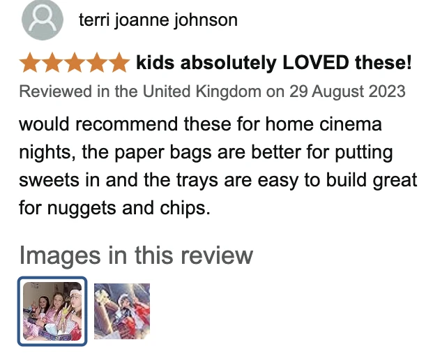 Amazon UK review by terri joanne johnson, 5 stars: kids absolutely LOVED these!. would recommend these for home cinema nights, the paper bags are better for putting sweets in and the trays are easy to build great for nuggets and chips.