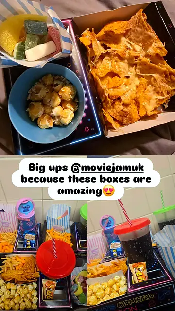 Collage of neon trays with nachos, popcorn and drinks with a thank-you caption