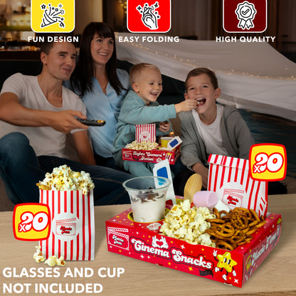 MovieJam Movie Night Snack Trays – Red Edition | 20 Durable Popcorn Boxes, 20 Candy Bags & Free Movie Ticket Invitations