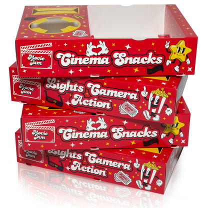 MovieJam Movie Night Snack Trays – Red Edition | 20 Durable Popcorn Boxes, 20 Candy Bags & Free Movie Ticket Invitations